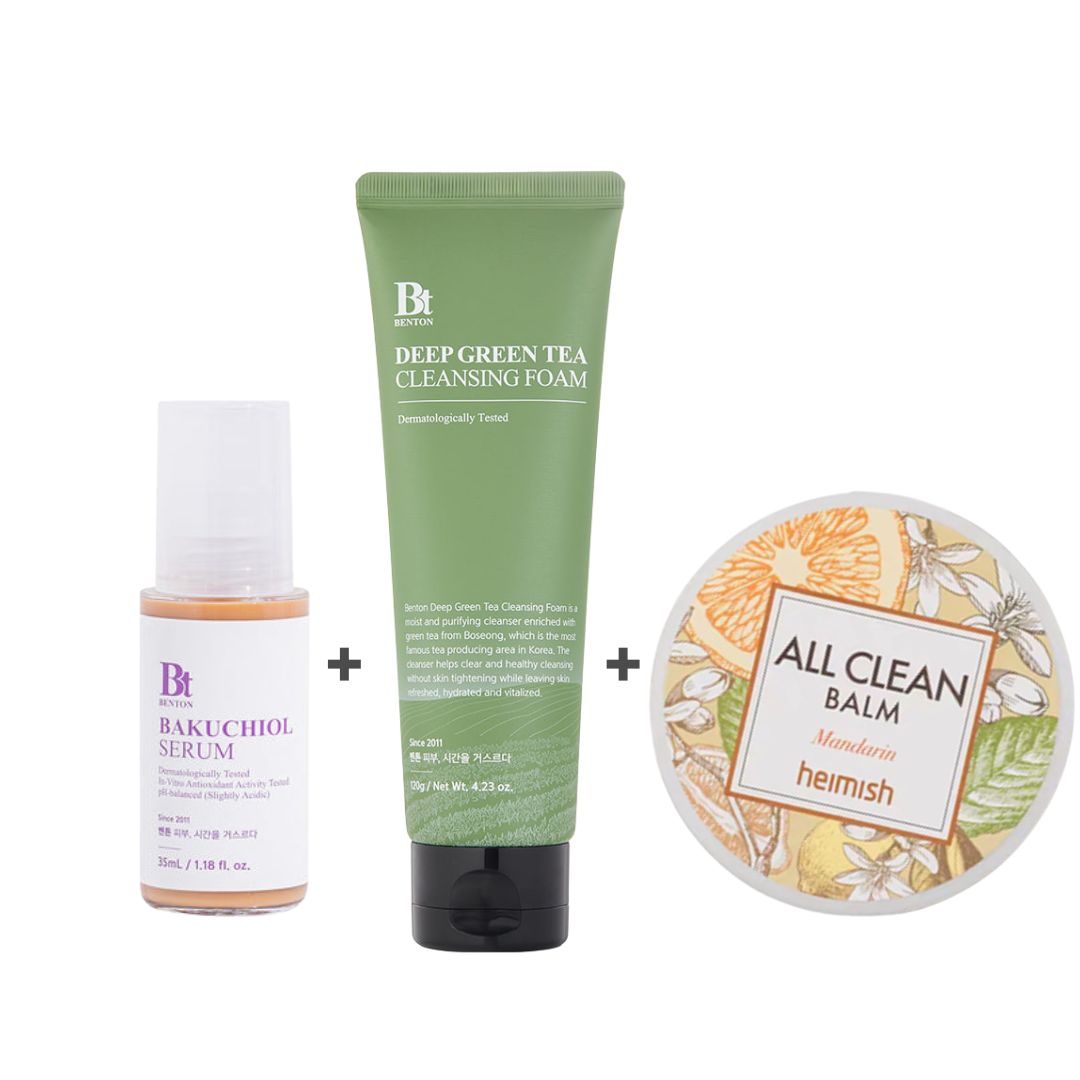 Heimish All Clean Balm Mandarin 50ml + Benton Deep Green Tea Cleansing Foam 120g + Benton Bakuchiol Serum 35ml